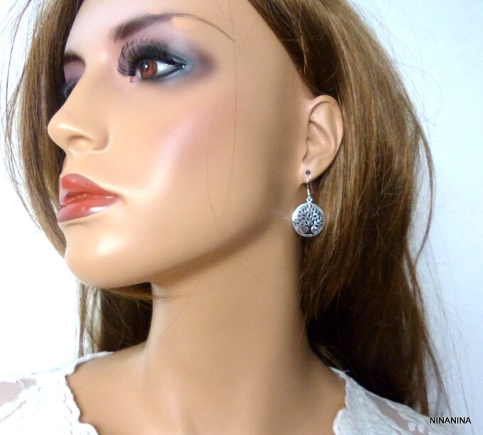 N5414d Boucles d'oreilles femme rondes arbre de vie plaqué argent 925