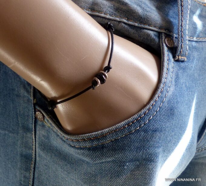 N5421 bBracelet cordon cuir agate noire perles argent 925 massif - Bijoux en ligne NINANINA