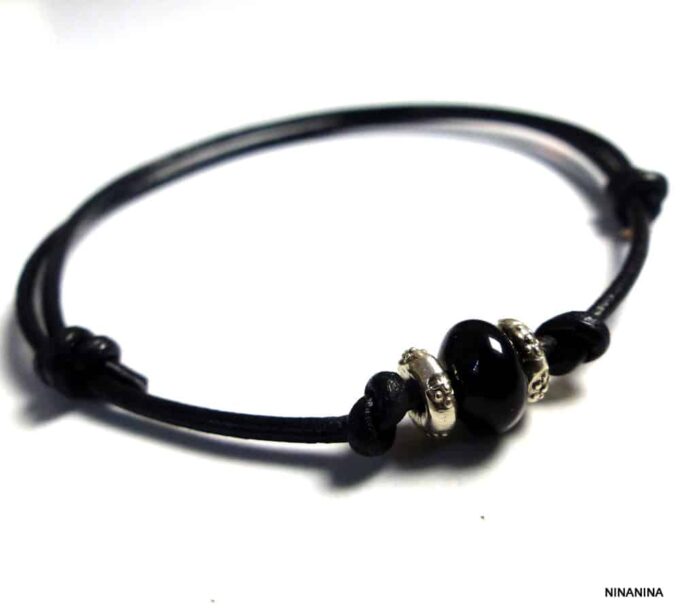 N5421 bracelet homme cordon cuir perle agate noire rondelles argent massif