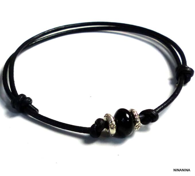 N5421b bracelet homme cordon cuir perle agate noire rondelles argent massif