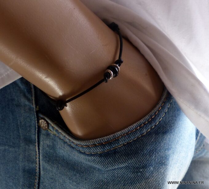 N5421c Bracelet cordon cuir agate noire perles argent 925 massif - Bijoux en ligne NINANINA