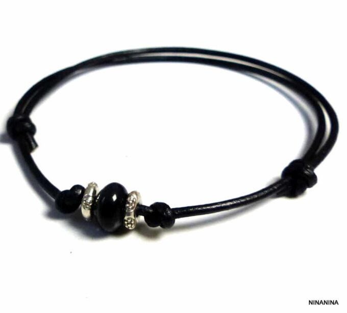 N5421c bracelet homme cordon cuir perle agate noire rondelles argent massif