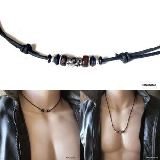 Collier homme cuir et argent 925 massif avec cordon ajustable porté court ou long avec détails - Bijou masculin raffiné et confortable signé Ninanina