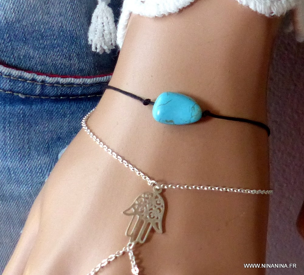 Bracelet cheville bleu turquoise naturelle argent femme - Ninanina