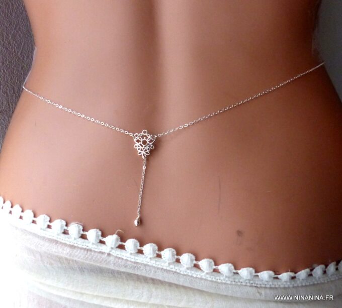 N5434c Chaine de taille pendentif triangle et perle argent 925 massif - Bijoux Chaines boheme en ligne ninanina