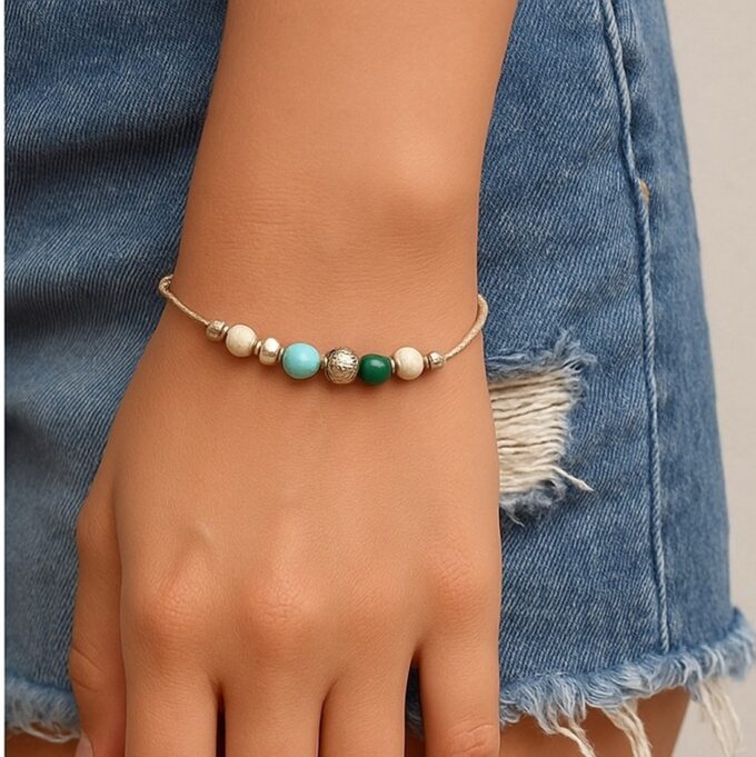 N5436 Bracelet Noeud Coulissant Et Fermoir – Turquoise Véritable et Perles Argent 925 Artisanal - Bijoux Bracelets cordons en ligne Ninanina