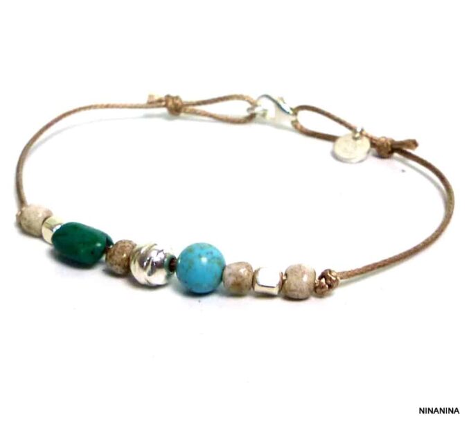 N5436a Bracelet cordon femme turquoises veritables argent massif