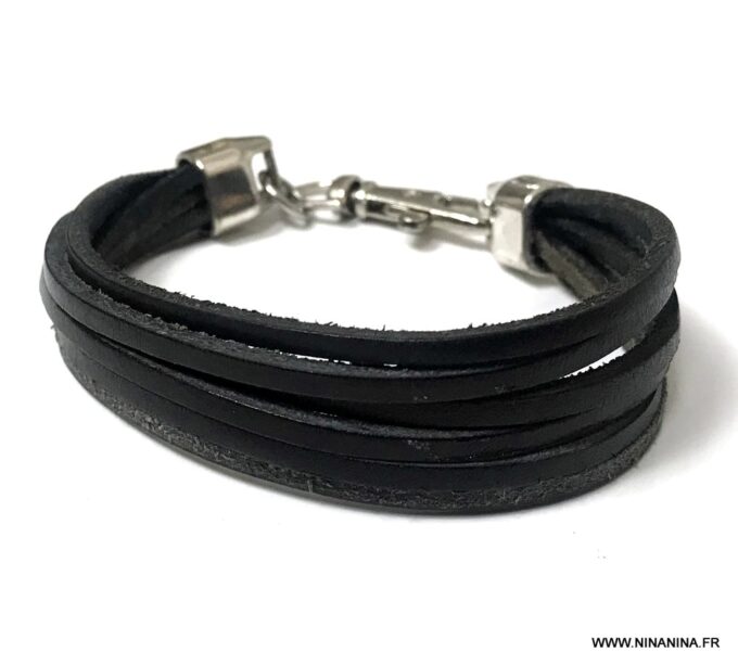 N5440a Bracelet mousqueton homme cuir multiliens noir - Bijoux Bracelets en ligne Ninanina