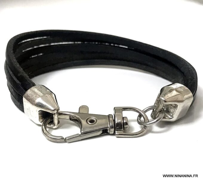 N5440b Bracelet mousqueton homme cuir multiliens noir - Bijoux Bracelets en ligne Ninanina