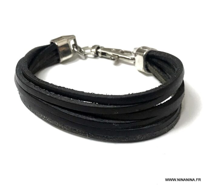 N5440c Bracelet mousqueton homme cuir multiliens noir - Bijoux Bracelets en ligne Ninanina