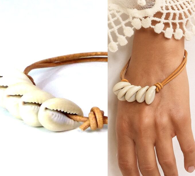 N5449 Bracelet cordon cuir ajustable coquillages cauris blancs artisanal pour femme - Bijoux Bracelets bnoheme en ligne Ninanina
