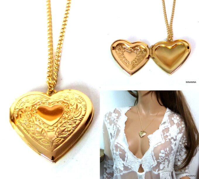 N5451 collier femme coeur porte photo métal doré or