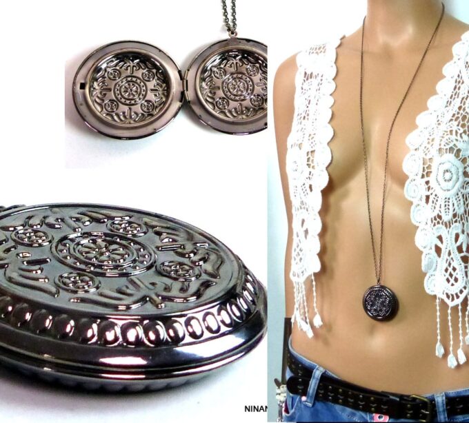 N5453 collier femme long porte pendentif photo rond métal noir