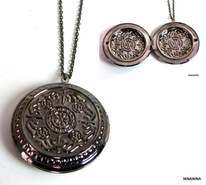 N5453b collier femme long porte pendentif photo rond métal noir