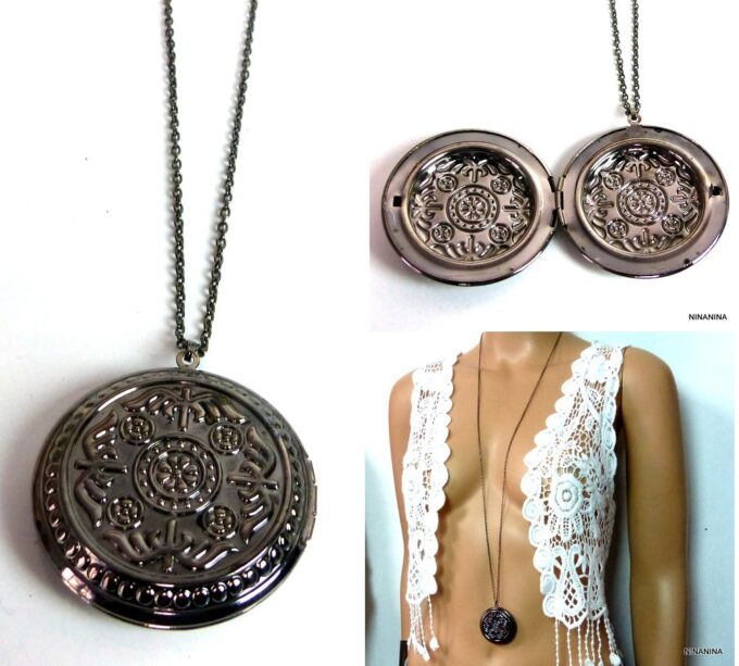 N5453c collier femme long porte pendentif photo rond métal noir