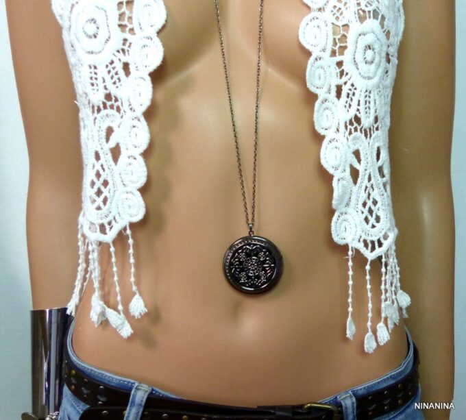 N5453d collier femme long porte pendentif photo rond métal noir