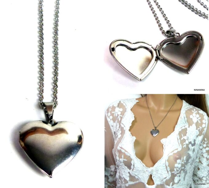 N5454 Collier femme pendentif porte-photo acier inoxydable argent