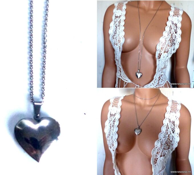 N5455 Collier femme sautoir pendentif coeur acier porte photo - Bijoux Colliers en ligne NINANINA