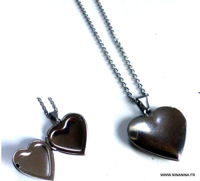 N5455a Collier femme sautoir pendentif coeur acier porte photo - Bijoux Colliers en ligne NINANINA