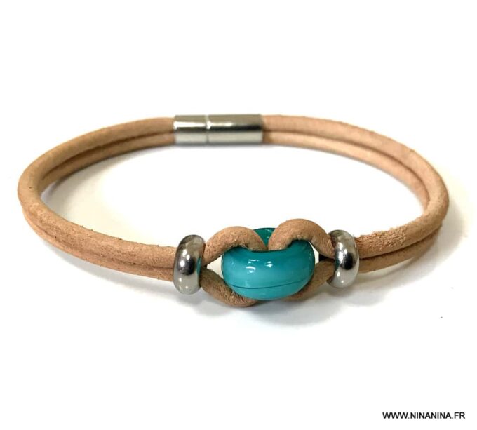 N5457a Bracelet perle de murano turquoise cordon cuir homme - Bijoux Bracelets en ligne Ninanina