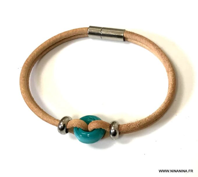 N5457c Bracelet perle de murano turquoise cordon cuir homme - Bijoux Bracelets en ligne Ninanina