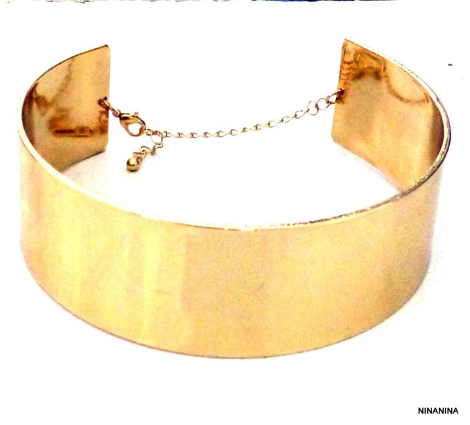 N5488 Collier femme torque ras de cou large en métal doré or