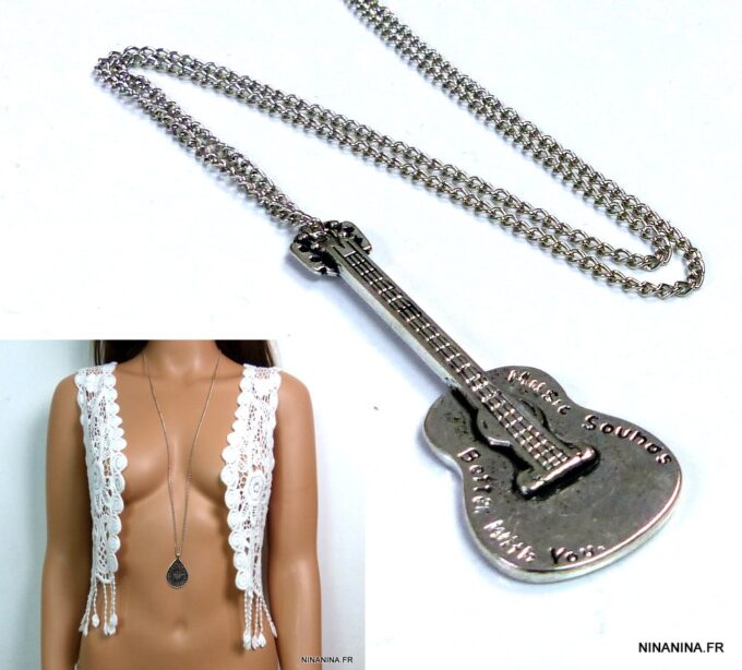 N549terb collier long guitare métal argent
