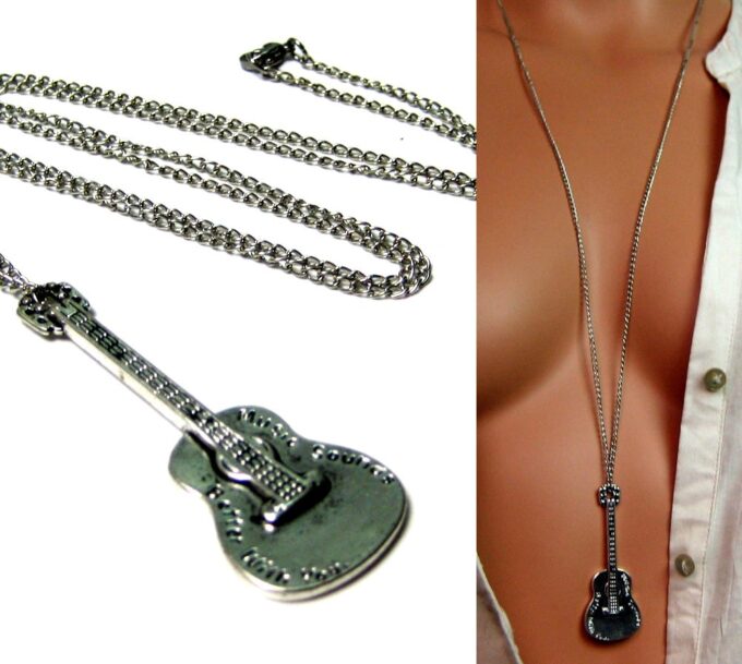 N549terb collier sautoir guitare métal argent