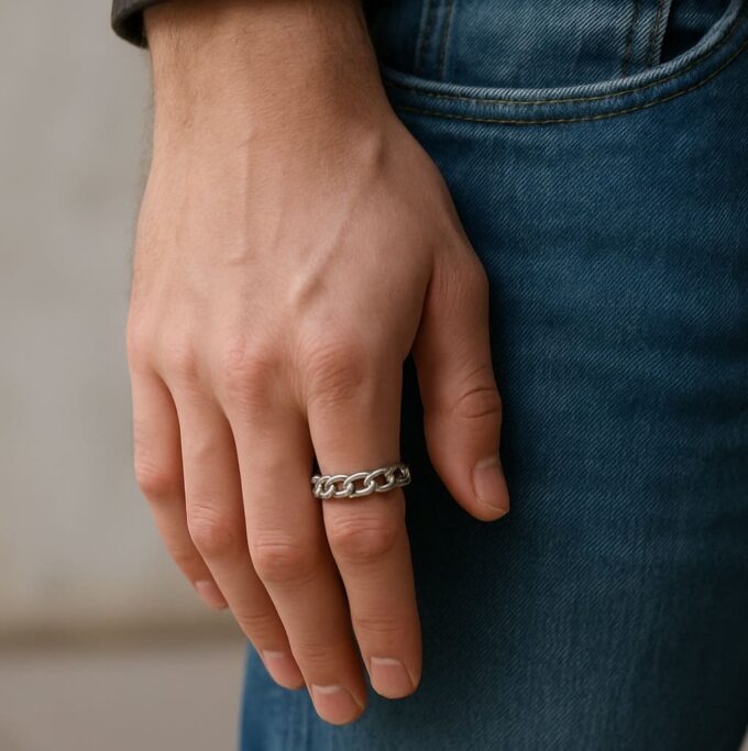 N5509 Bague homme chaine souple maille gourmette plaqué argent artisanale - Bijoux bagues hommes en ligne Ninanina