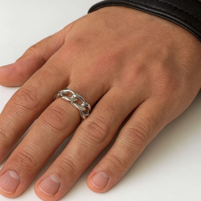 N5509a Bague homme chaine souple maille gourmette plaqué argent artisanale - Bijoux bagues hommes en ligne Ninanina