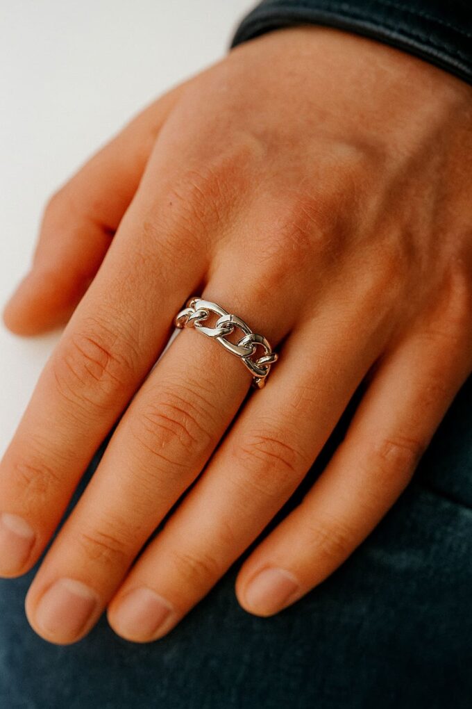 N5509b Bague homme chaine souple maille gourmette plaqué argent artisanale - Bijoux bagues hommes en ligne Ninanina