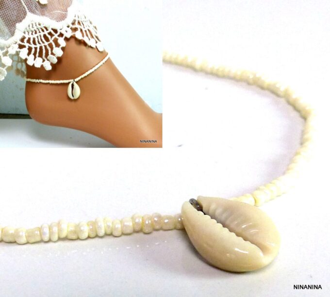 N5510A bracelet de cheville coquillag cauri rocailles blanches NINANINA