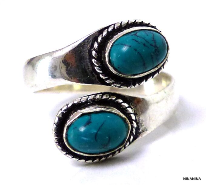 N5523 Bague femme réglable turquoise plaqué argent NINANINA