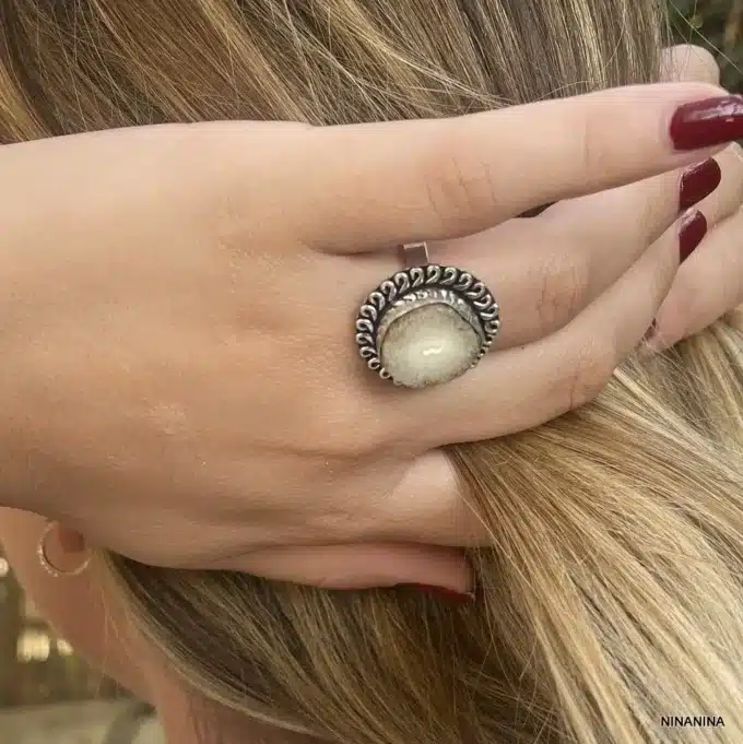 N5525b Bague En Agate Blanche Ronde Argent 925 Réglable - Bijoux Bagues en ligne Ninanina