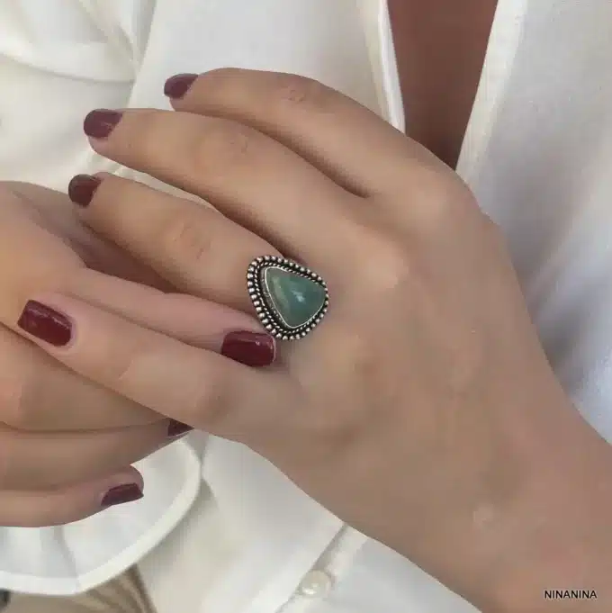 N5527 Bague Chrysoprase Verte Triangle Argent 925 Réglable - Bijoux Bagues en ligne Ninanina