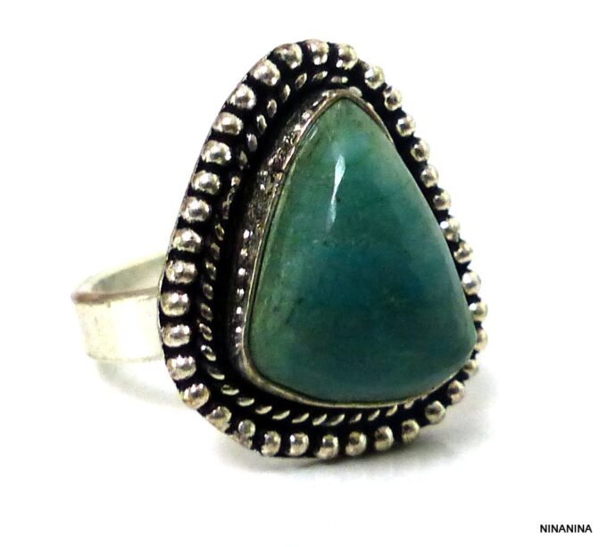 N5527A Bague femme réglable triangulaire chrysoprase (calcédoine) naturelle plaqué argent NINANINA
