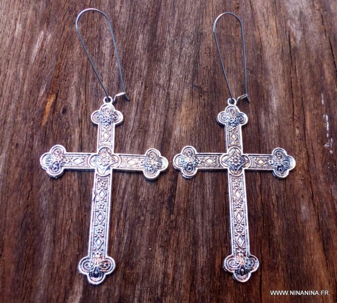 N5531 Boucles créoles femme ovales acier inoxydable croix - Bijoux Boucles d Oreilles en ligne Ninanina