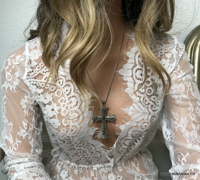 N5534a Collier long avec croix grande taille acier argent - Bijoux Colliers en ligne Ninanina