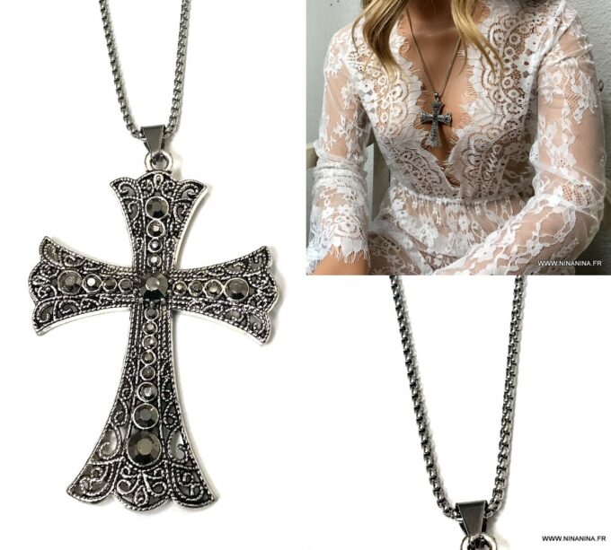 N5534b Collier long avec croix grande taille acier argent - Bijoux Colliers en ligne Ninanina
