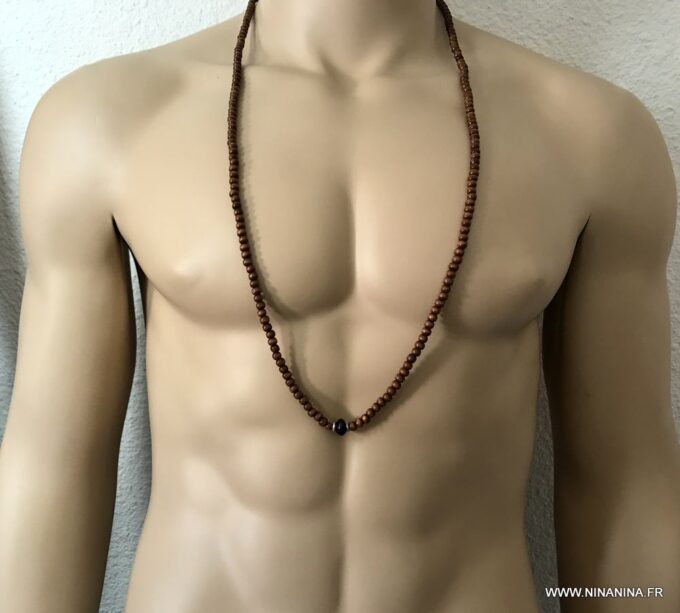 N5555 Sautoir perle en bois homme - Collier long lapis lazuli - Bijoux Colliers en ligne Ninanina