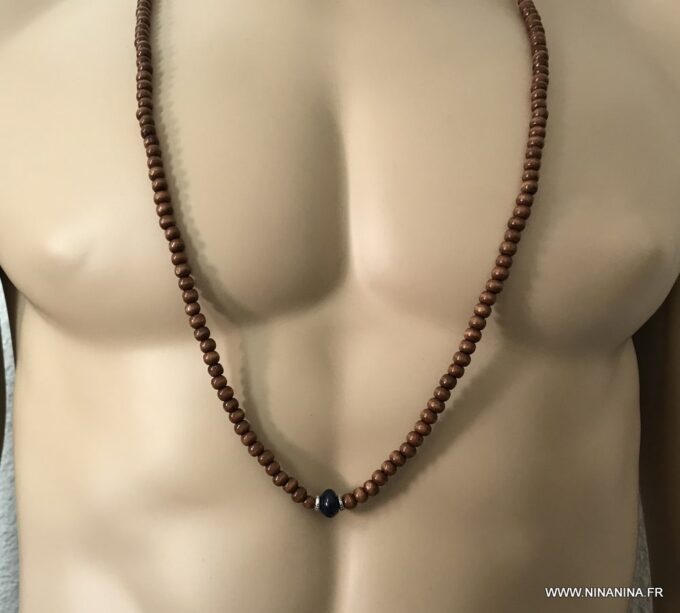 N5555b Sautoir perle en bois homme - Collier long lapis lazuli - Bijoux Colliers en ligne Ninanina
