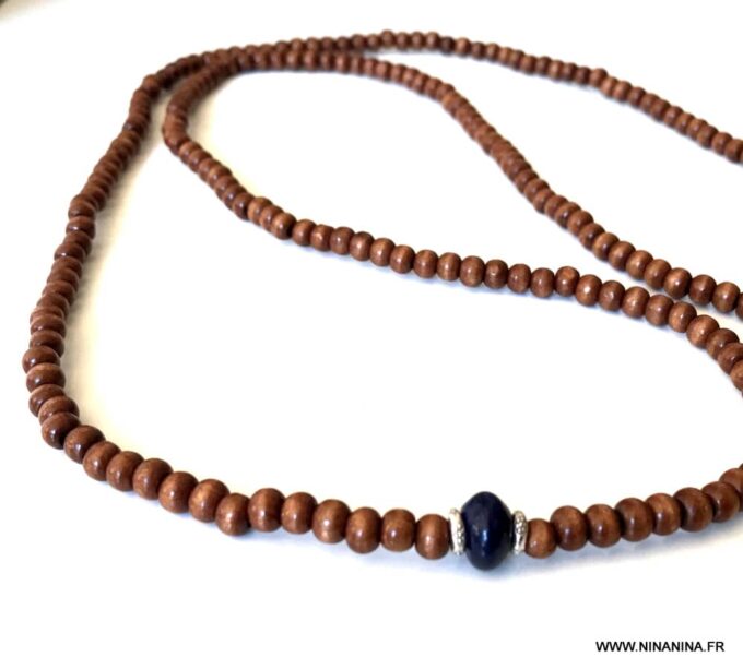 N5555c Sautoir perle en bois homme - Collier long lapis lazuli - Bijoux Colliers en ligne Ninanina