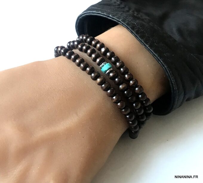 N5556 Bracelet perle bois homme et turquoise bleue 3 tours - Bijoux Bracelets en ligne Ninanina