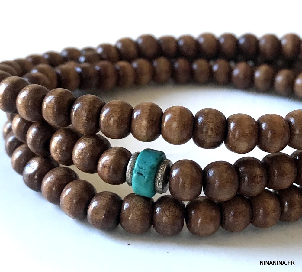 Bracelet perle bois homme et turquoise bleue 3 tours - Ninanina