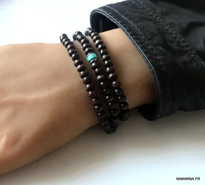 N5556a Bracelet perle bois homme et turquoise bleue 3 tours - Bijoux Bracelets en ligne Ninanina