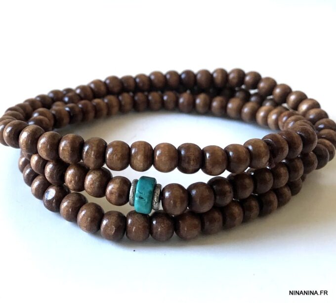 N5556a Bracelet perle bois homme et turquoise bleue 3 tours - Bijoux Bracelets Hommes en ligne Ninanina