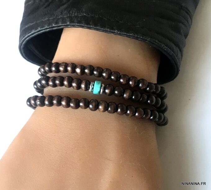 N5556b Bracelet perle bois homme et turquoise bleue 3 tours - Bijoux Bracelets en ligne Ninanina