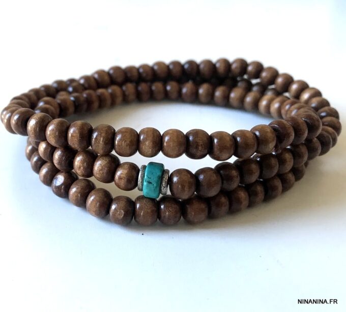N5556b Bracelet perle bois homme et turquoise bleue 3 tours - Bijoux Bracelets Hommes en ligne Ninanina
