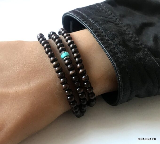 N5556c Bracelet perle bois homme et turquoise bleue 3 tours - Bijoux Bracelets en ligne Ninanina