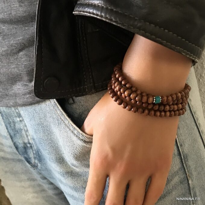 N5556d Bracelet perle bois homme et turquoise bleue 3 tours - Bijoux Bracelets en ligne Ninanina